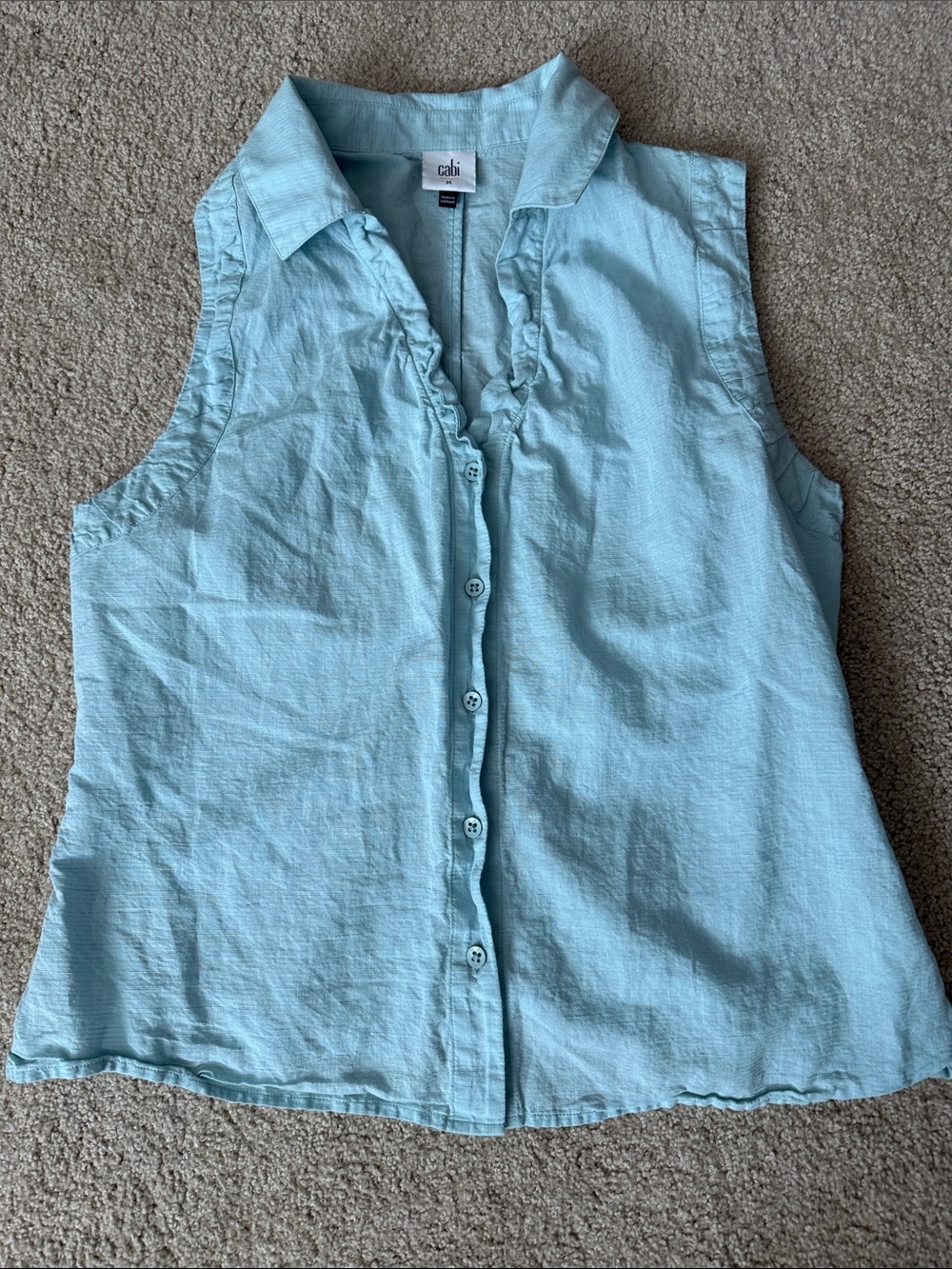 Cabi Light Blue Sleeveless Ruffle-Front Button Blouse